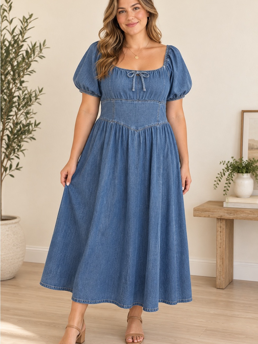 NWT LC Lauren Conrad Denim Puff-Sleeve Midi Dress XL